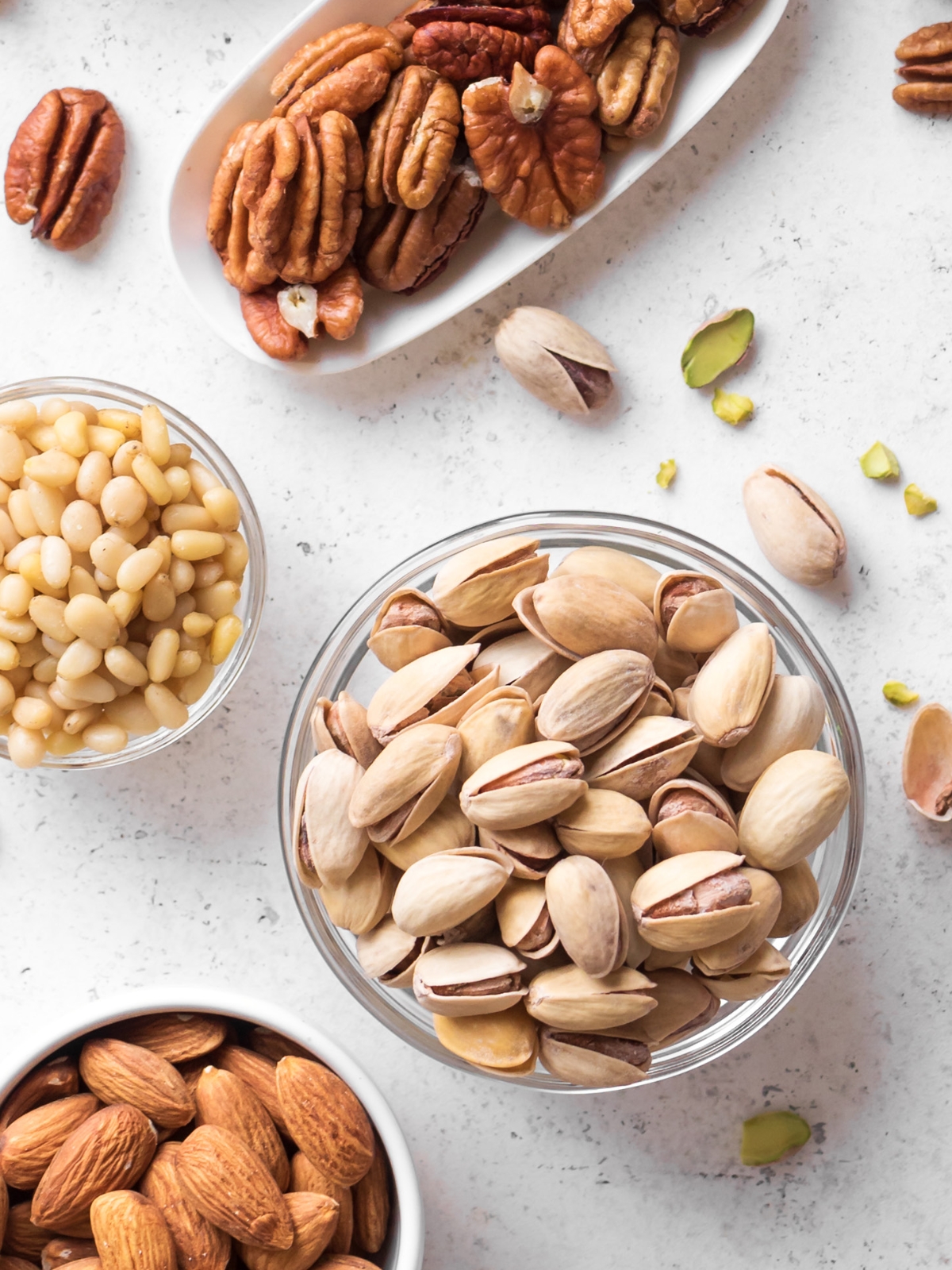 Bowls of nuts on a table