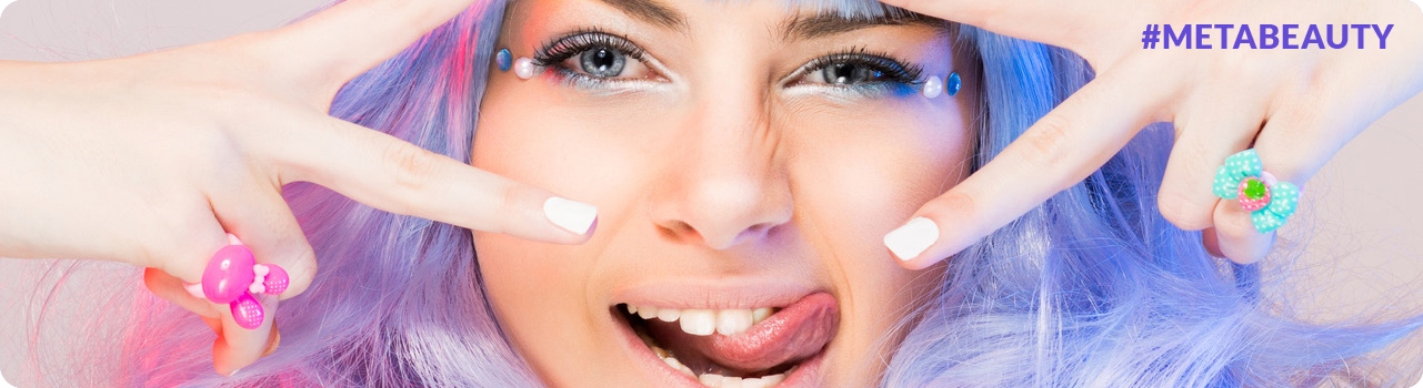 Woman smiling on futuristic banner with text "New Sensations, The future of beauty"
