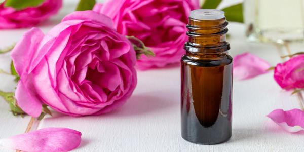 Roses on a table with essential oil bottle on the table