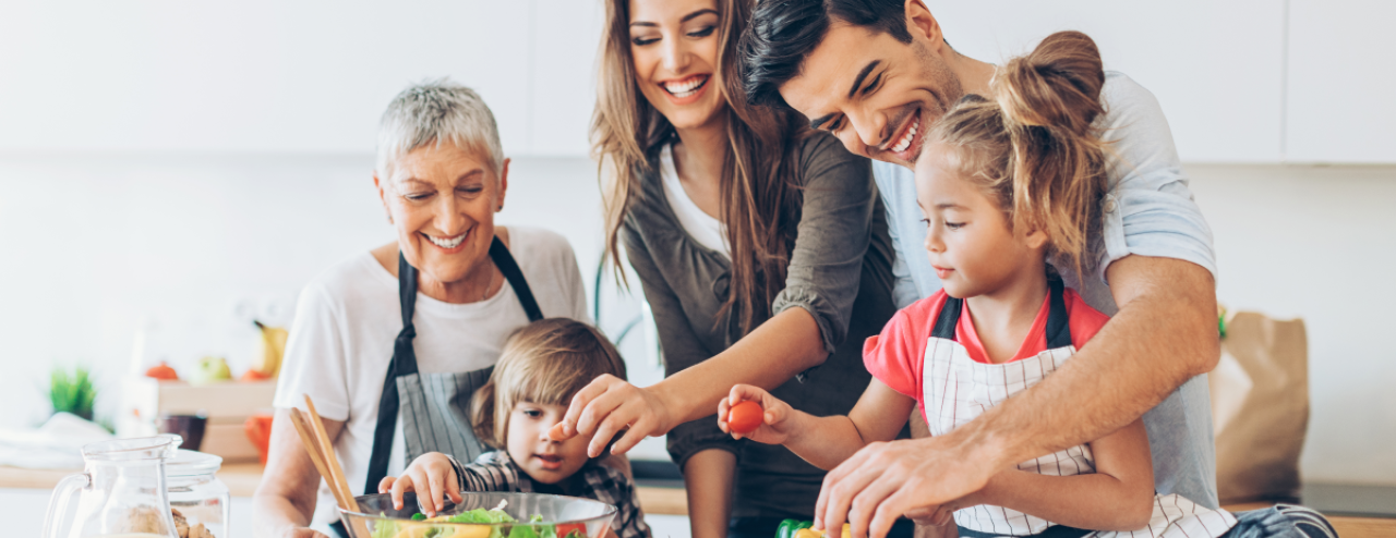 Sustainable family dinner enjoyed during a multi-generational family gathering.